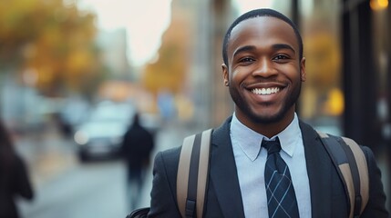 Business happy and walking black man on city journey commute trip and realtor smile on way to office building Happiness career expert and African real estate agent on morning travel in : Generative AI