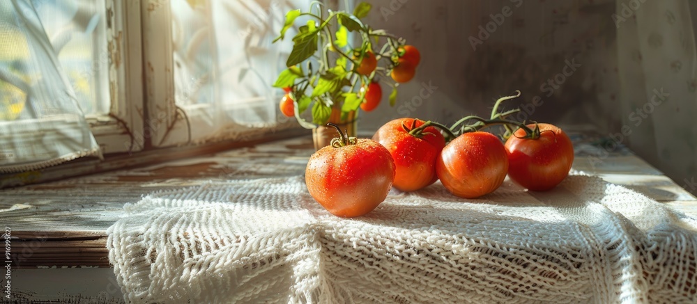 Poster Grandmother s harvest in the village three vibrant juicy tomatoes on a table with a white knitted tablecloth creating a rustic scene with a copy space image