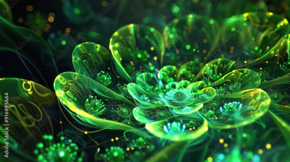 Poster a futuristic 3d abstract realm where quantum patterns pulse with energy in hues of aurora green and 