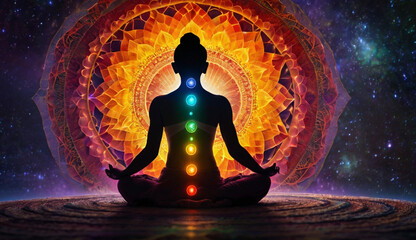 Person in a yoga pose, seven glowing chakras aligned on their body. Vibrant energy patterns swirl around, set against a vast, tranquil universe backdrop, symbolizing balance, energy, and inner peace.