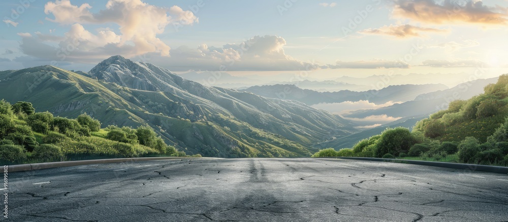 Poster natural landscape with green mountains an asphalt road square and a sky filled with clouds at sunris