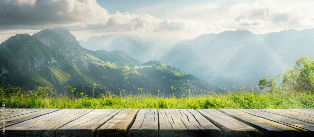 Poster blurry mountain and grassy field background enhance a refreshing and relaxing theme for displaying p