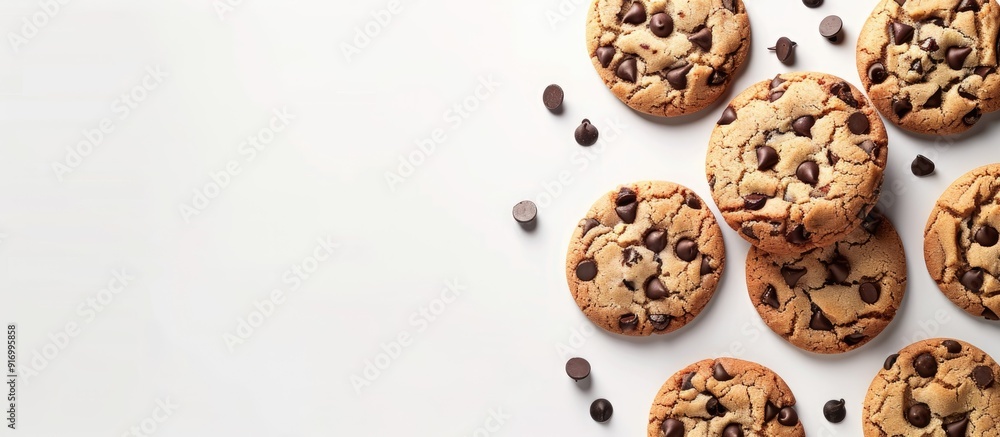 Poster tasty chocolate chip cookies displayed on a white backdrop perfect for a copy space image