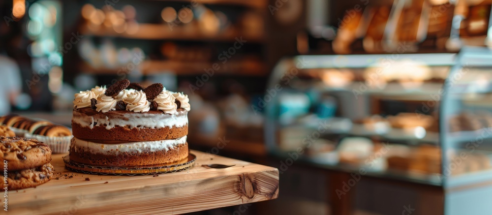 Poster A blurred abstract background featuring a cake and cookie displayed on a coffee shop shelf in the copy space image
