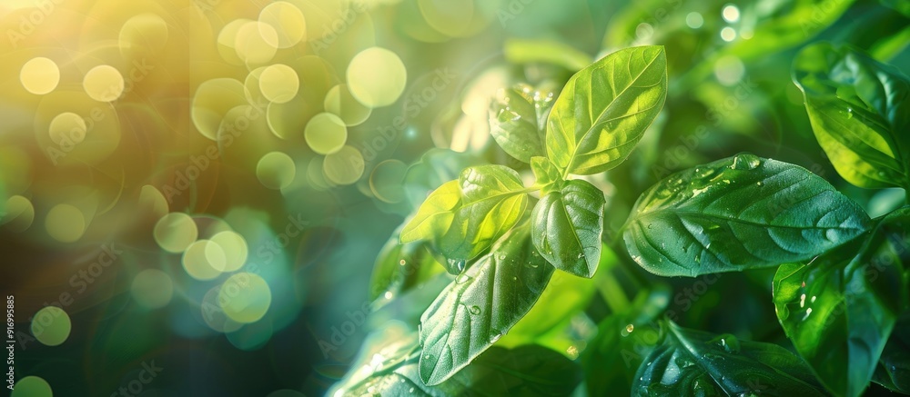 Poster Close up image of a basil leaf highlighting phosphorus deficiency with a blurred background ideal as a copy space image
