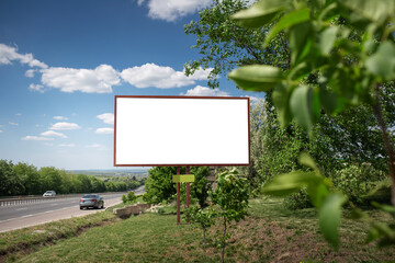 Empty blank billboard mockup, near highway, asphalting road.