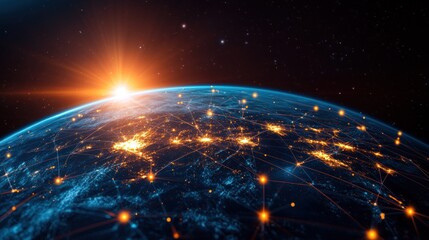 Obraz premium Global Network with Illuminated Cities and a Rising Sun