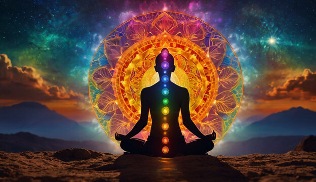 Person in a yoga pose, seven glowing chakras aligned on their body. Vibrant energy patterns swirl around, set against a vast, tranquil universe backdrop, symbolizing balance, energy, and inner peace.