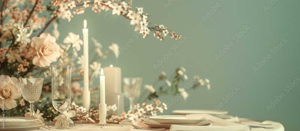 Poster beige table set with an empty menu tableware candle and floral decor perfect for design purposes as 
