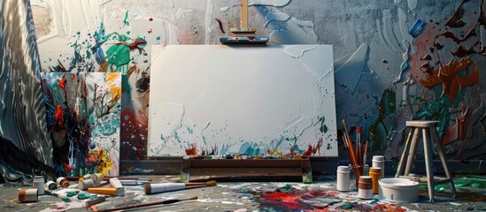 Artistic supplies like paint tubes a brush and a blank canvas surrounded by a creative mess in a studio setting with a copy space image