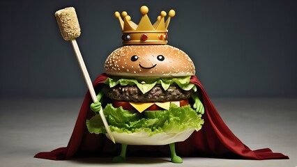 hamburger hero a hamburger with a heroic pose wearing a cape made of lettuce and a crown of sesame.