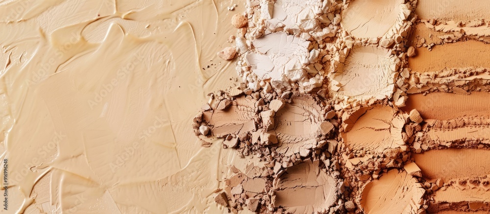Poster elegant foundation powder samples in various tones on beige backdrop with copy space image displayin