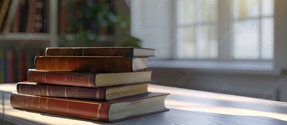 Poster a stack of books in a close up view on a white table providing space for additional images
