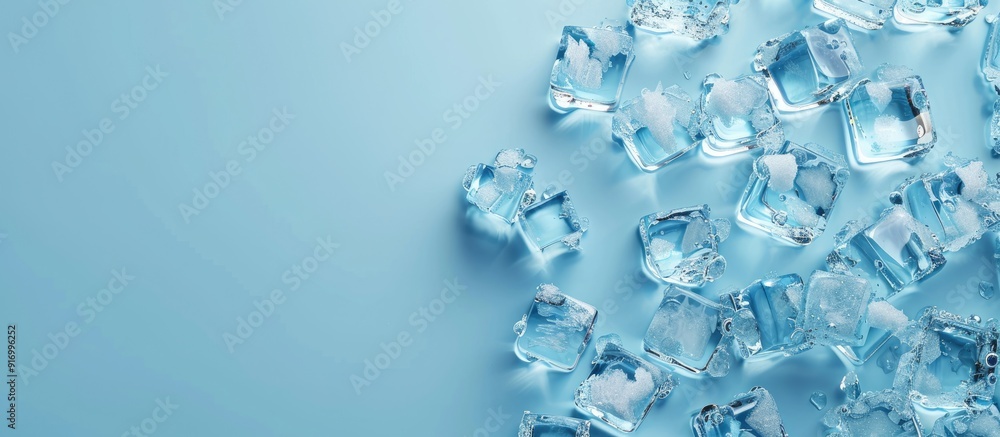 Poster flat lay with crystal clear ice cubes on a light blue background providing ample copy space for the 