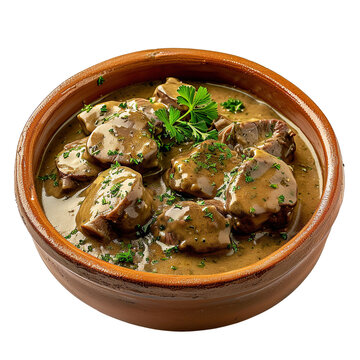 Front view of Rognons de Veau &agrave; la Moutarde (veal kidneys in mustard sauce) with a tangy Dijon mustard-infused gravy, isolated on a white transparent background
