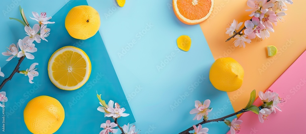 Poster flat lay composition on colorful backdrop with copy space image