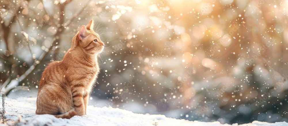 Poster Gorgeous ginger cat sits gracefully in snow in a natural setting with ample copy space image