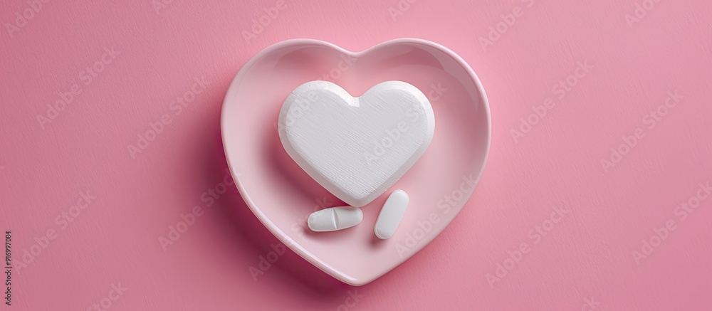 Poster heart shaped plate with white capsule on a pink backdrop perfect for displaying a copy space image