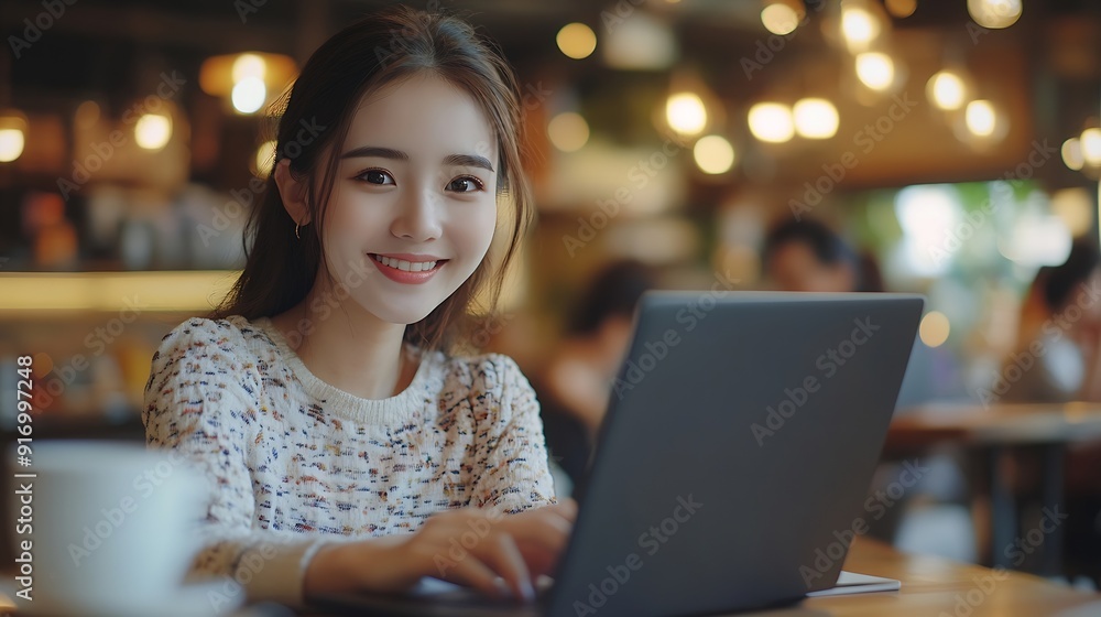 Aufkleber laptop business and remote work with asian woman in coffee shop for freelance career as editor or pu