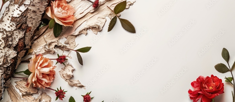 Poster concealer tree bark and flowers presented against a plain white backdrop with space for text or othe