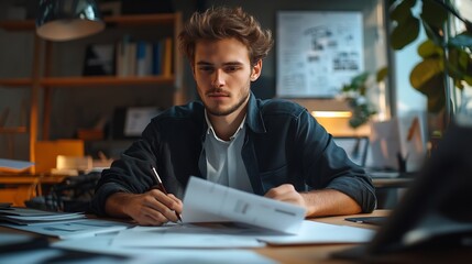 Obraz premium Young male architect working in the office : Generative AI