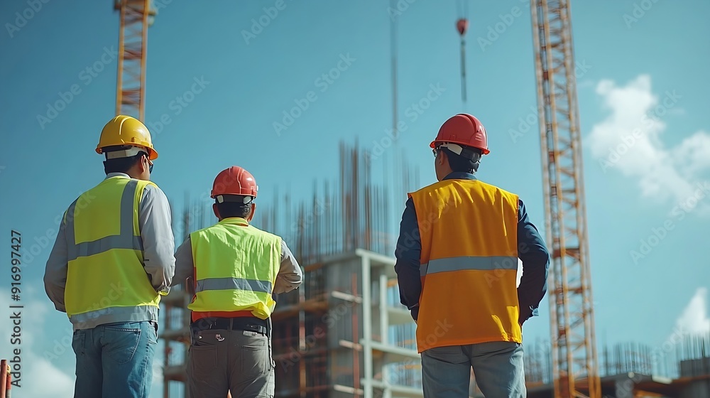 Poster a team of construction engineers talks to managers and construction workers at the construction site
