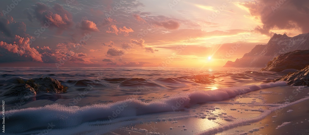 Poster scenic coastline at sunset with a mesmerizing view. copy space image. place for adding text and desi
