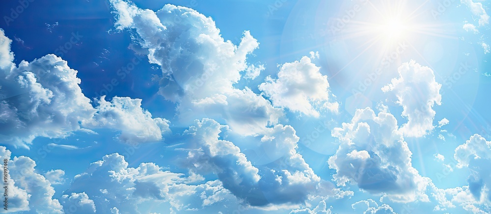 Poster sunny summer day with blue sky and fluffy white clouds creating an empty background for a copy space