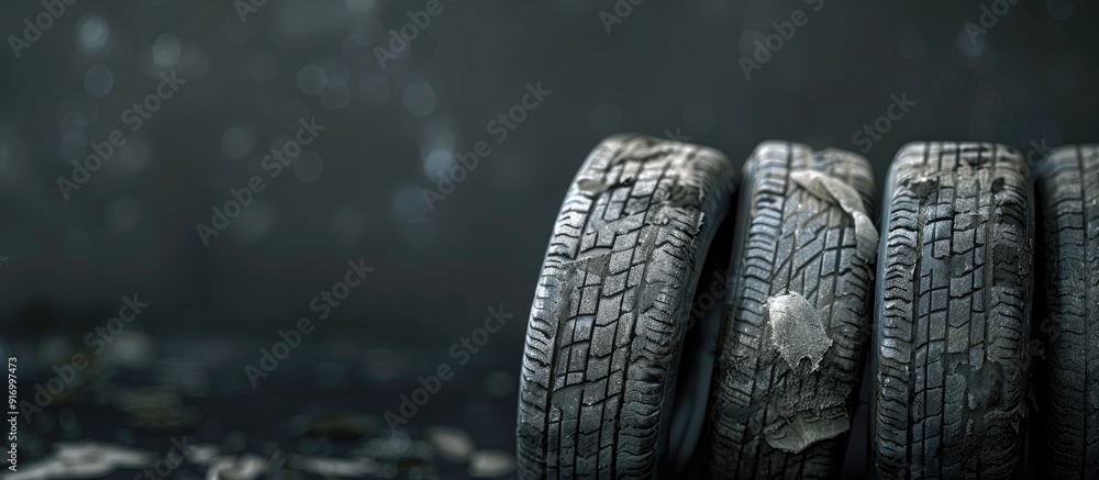 Poster a close up photo displaying four worn car tires with ample copy space image