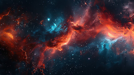 Fototapeta premium A celestial vista, fiery reds and cool blues blending in nebulae, speckled with glowing stars, deep black space backdrop
