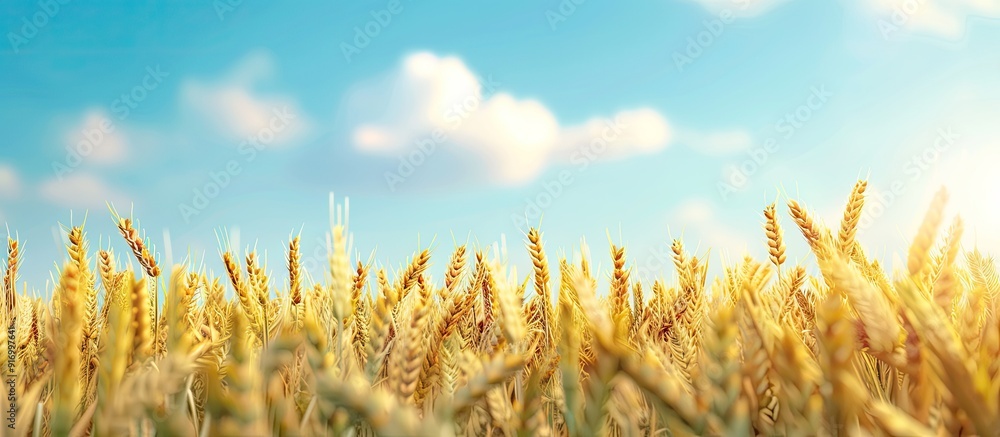 Poster sunny day field with wheat selective focus blue sky background copy space image slots available