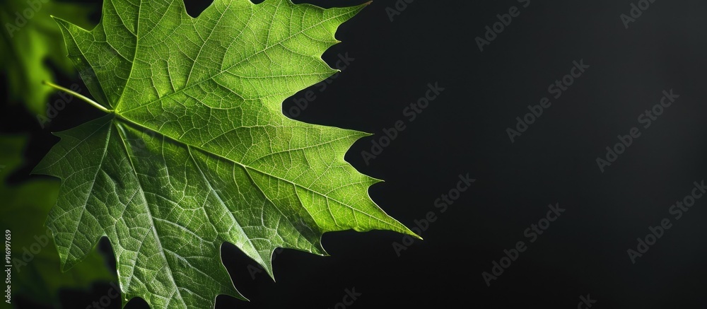 Poster Backlit green maple leaf with copy space image