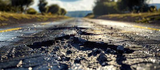 Fototapeta premium After road repair you can see heaps of aged asphalt with ample copy space in the image