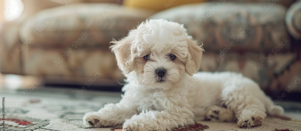 Poster Maltipoo puppy resting in a modern environment with copy space image in a lovely home setting