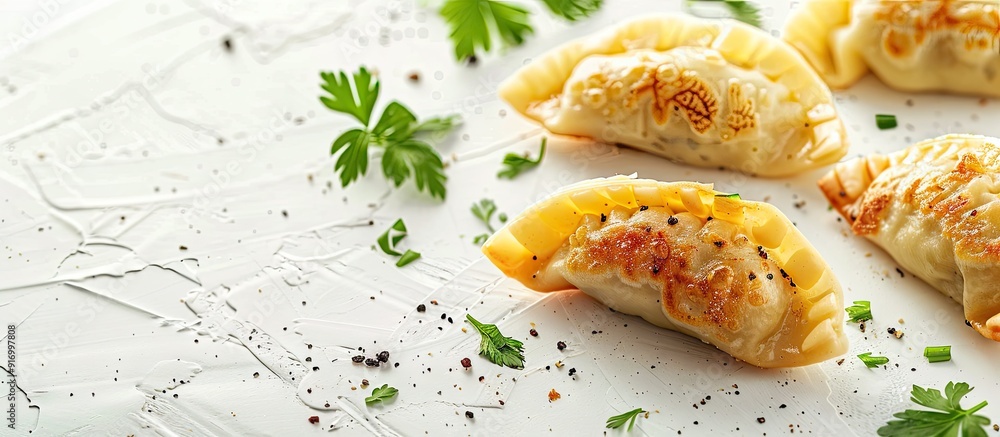 Poster raisin filled potato dumplings on a white background with copy space image