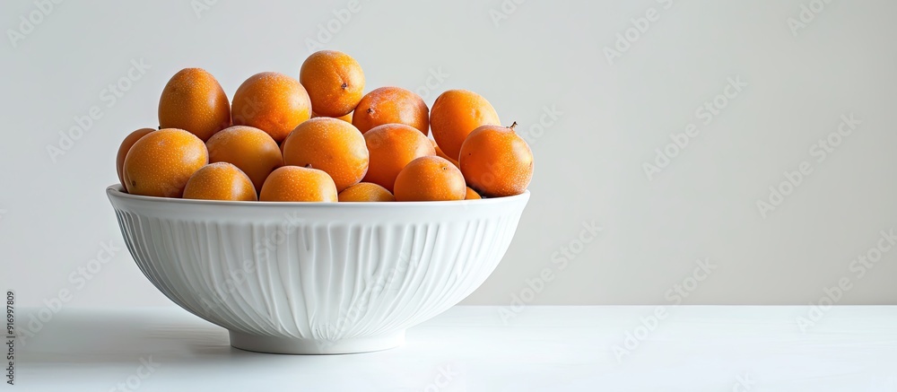 Poster a detailed shot of kachri fruits placed in a bowl against a white backdrop suitable for a copy space