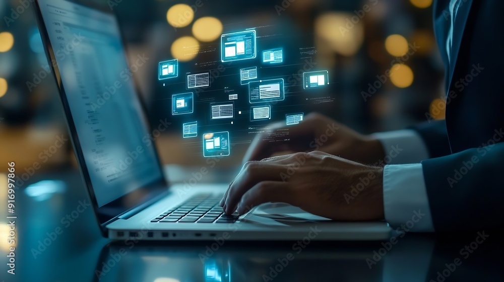Fototapete Businessmen use laptops to access information in online documents through the protection systemDocument Management System DMS online documentation database and digital file storage sys : Generative AI