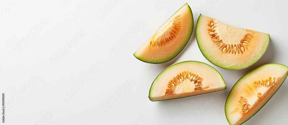 Poster melon slices on a plain white backdrop with available copy space image