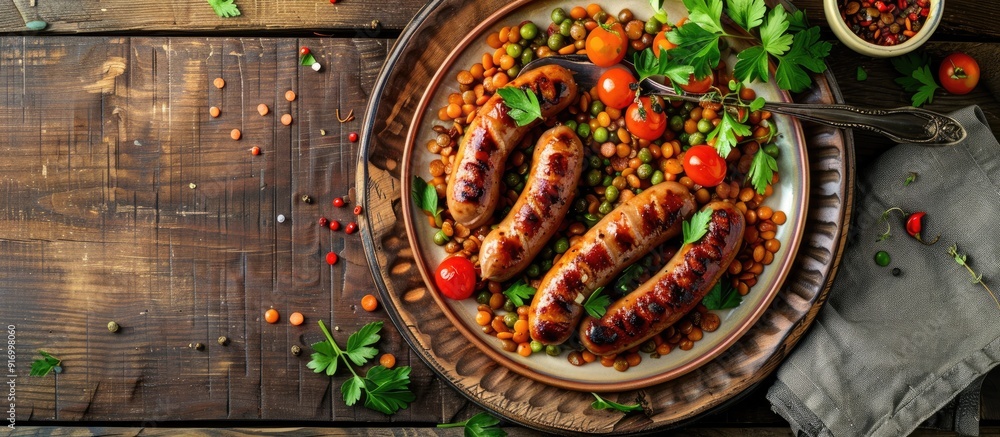 Poster rustic top view table setting with a natural fresh meal of sausages and lentils a second course snac