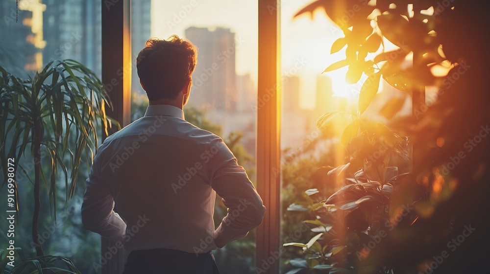 Poster Thinking morning and businessman by window in office for ideas solution and insight for company growth Corporate entrepreneur and person for problem solving brainstorming decision and  : Generative AI