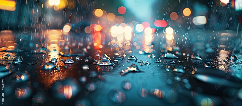Poster Blurry perspective of a scene with water drops on the surface filled with droplets ideal for showcasing. . image with copy space