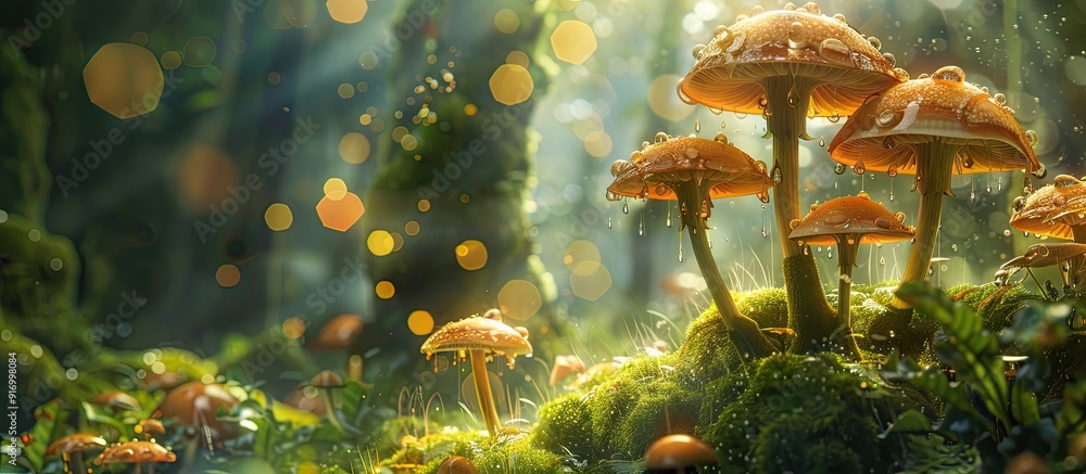 Poster mushrooms growing in the mossy forest with a copy space image