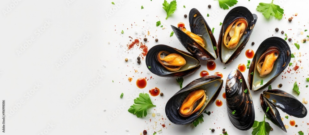 Aufkleber mussels cooked and arranged elegantly on a clean white backdrop with copy space image available