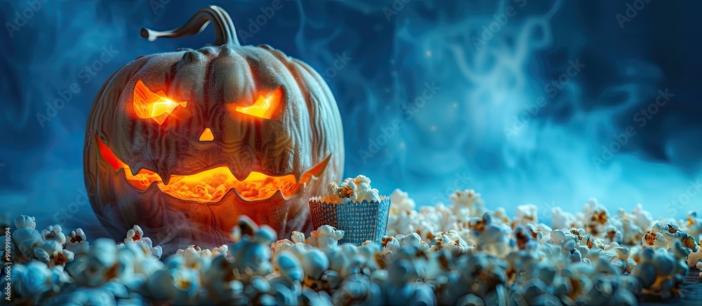 Aufkleber a halloween themed scene featuring a pumpkin popcorn and a blue backdrop with a clear area for text 