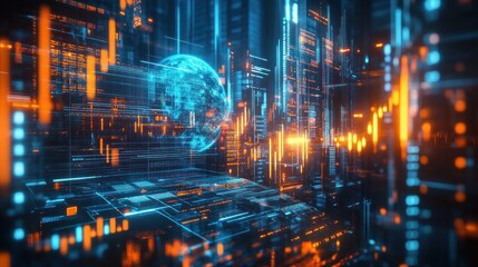 Fototapeta premium Abstract Digital Cityscape with Glowing Lines and Globe