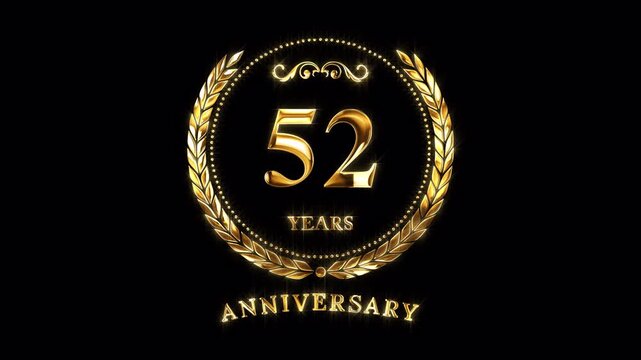 52nd Anniversary Celebration. Happy 52 Years Anniversary Animation in Gold Color on the Transparent Background, Alpha Channel. Great for greetings, celebrations, events, and gifts.