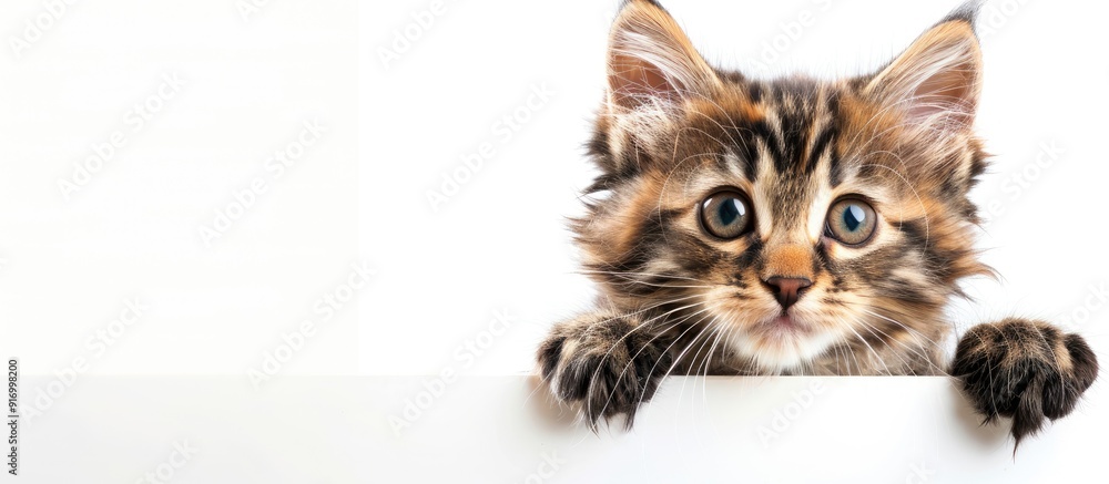 Aufkleber a cute maine coon kitten in tortoiseshell colors peering directly at the viewer while holding a blan