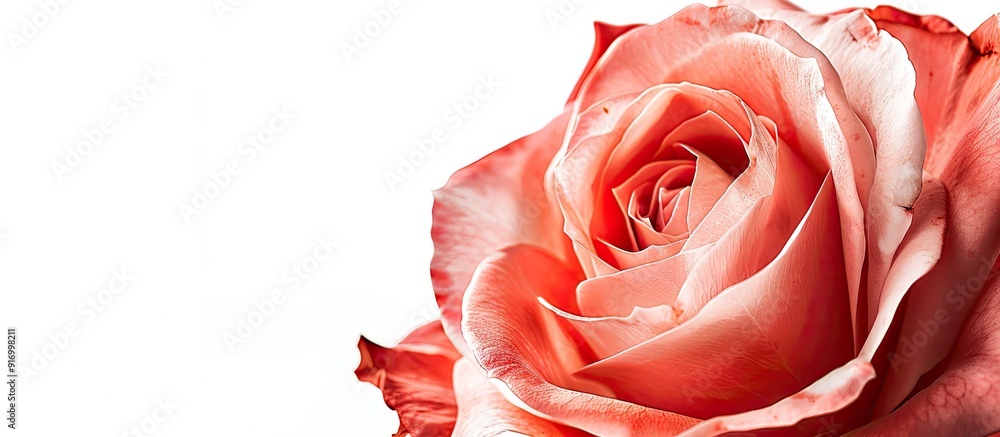 Poster close up view of a pink rose in full bloom against a white background with copy space image