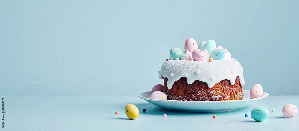 Poster An Easter cake displayed against a serene blue backdrop with ample copy space image