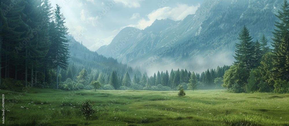 Poster mountain landscape merging meadow and forest with a copy space image